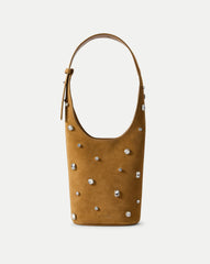 Crystal Embellished Loop Bucket Bag in Brown Acorn
