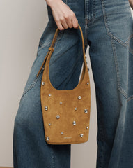 Crystal Embellished Loop Bucket Bag in Brown Acorn