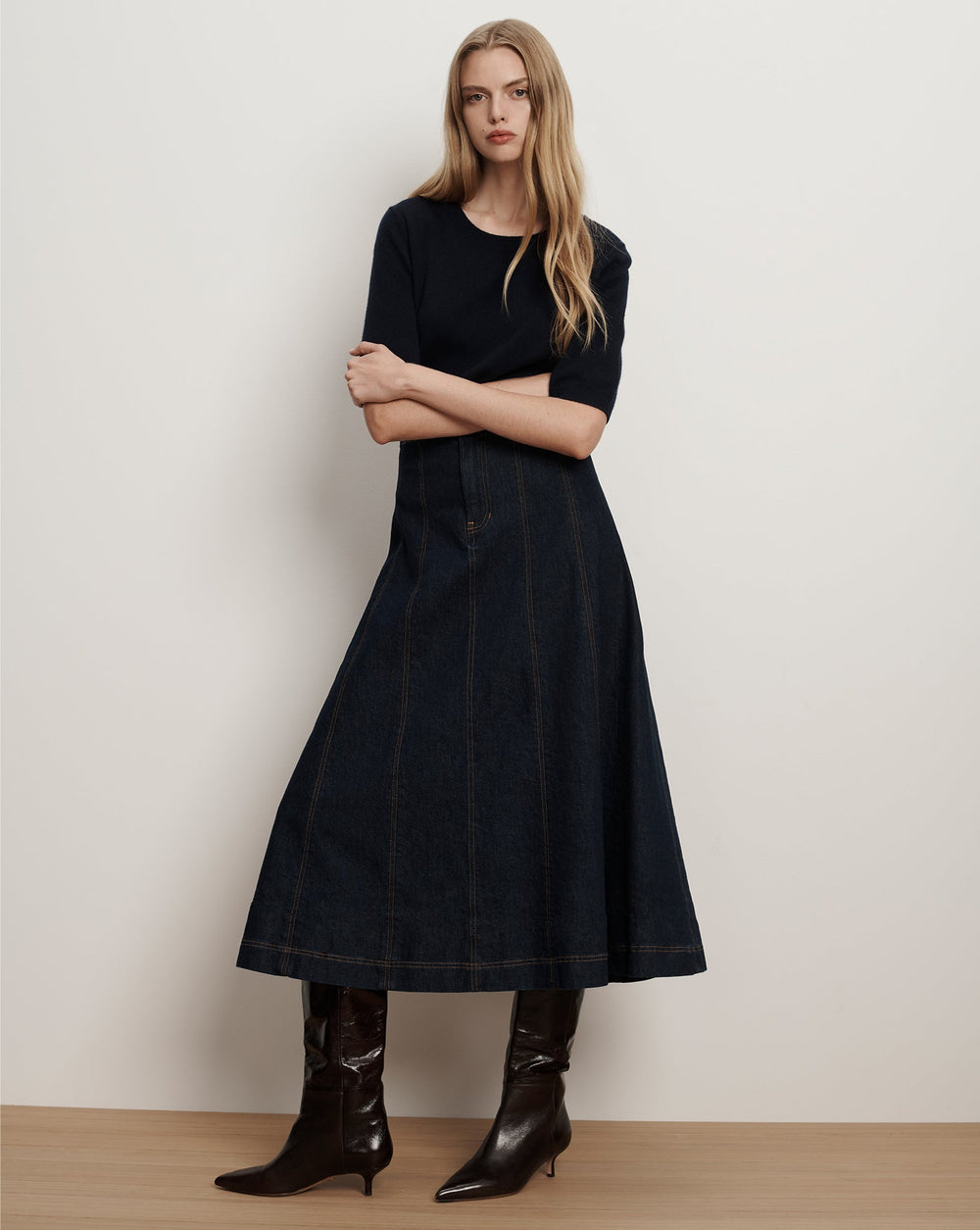 Alix Denim Jean Midi Skirt in Dark Wash Denim Indigo Rinse