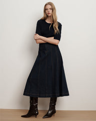 Alix Denim Jean Midi Skirt in Dark Wash Denim Indigo Rinse