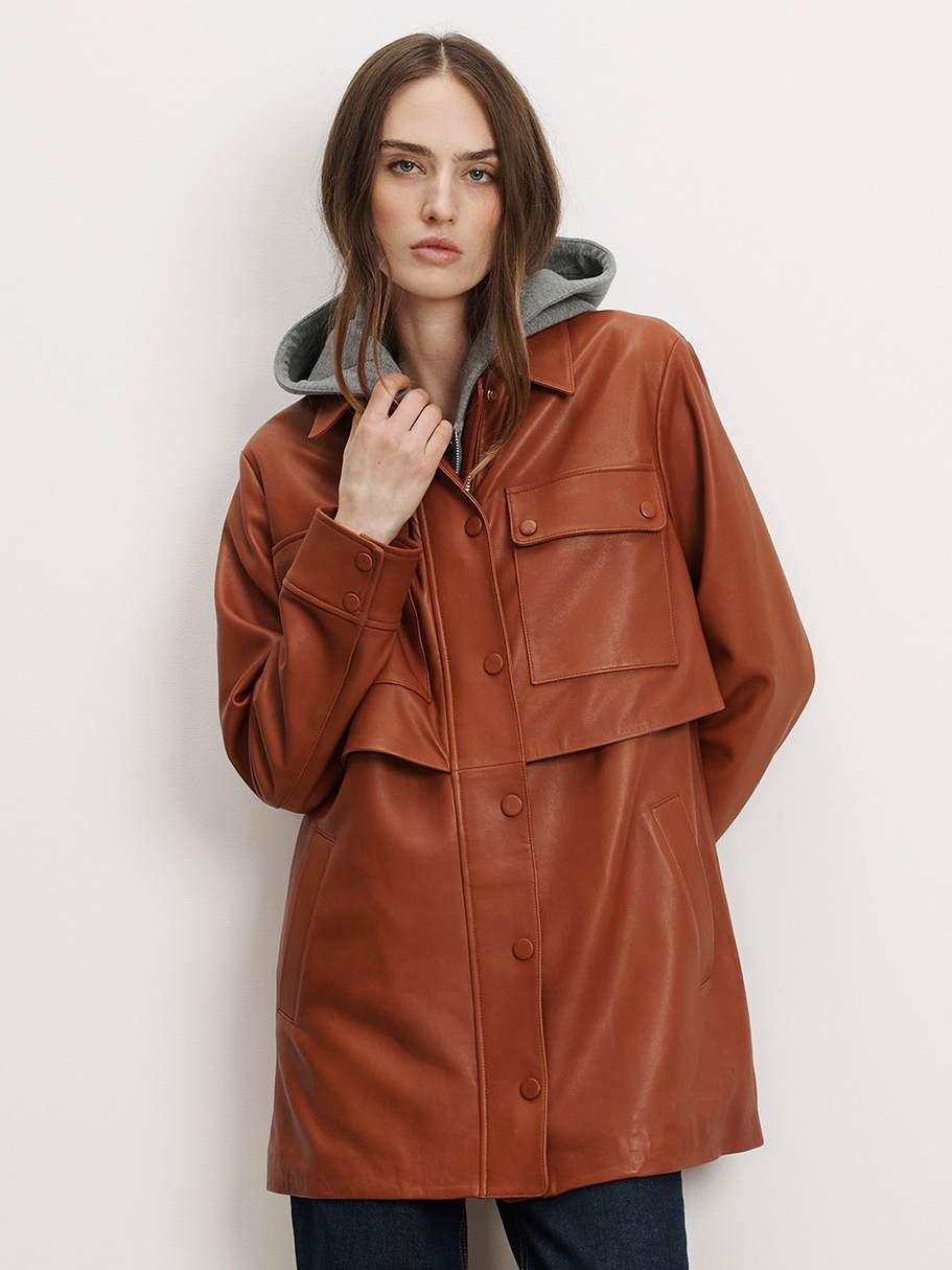 Liora Leather Utility Coat in Red Oak