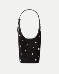 Crystal Embellished Loop Bucket Bag in Black