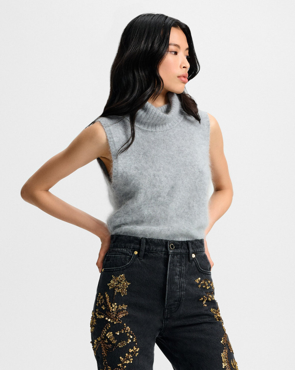 Mazzy Brushed Cashmere Sleeveless Sweater in Heather Grey