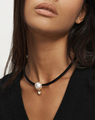 Pearl Pendant Cord Necklace in Pearl/Black