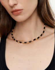 Black Enamel and Crystal Barrel Necklace in Black