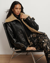 Danika Shearling Jacket in Shiny Black Leather