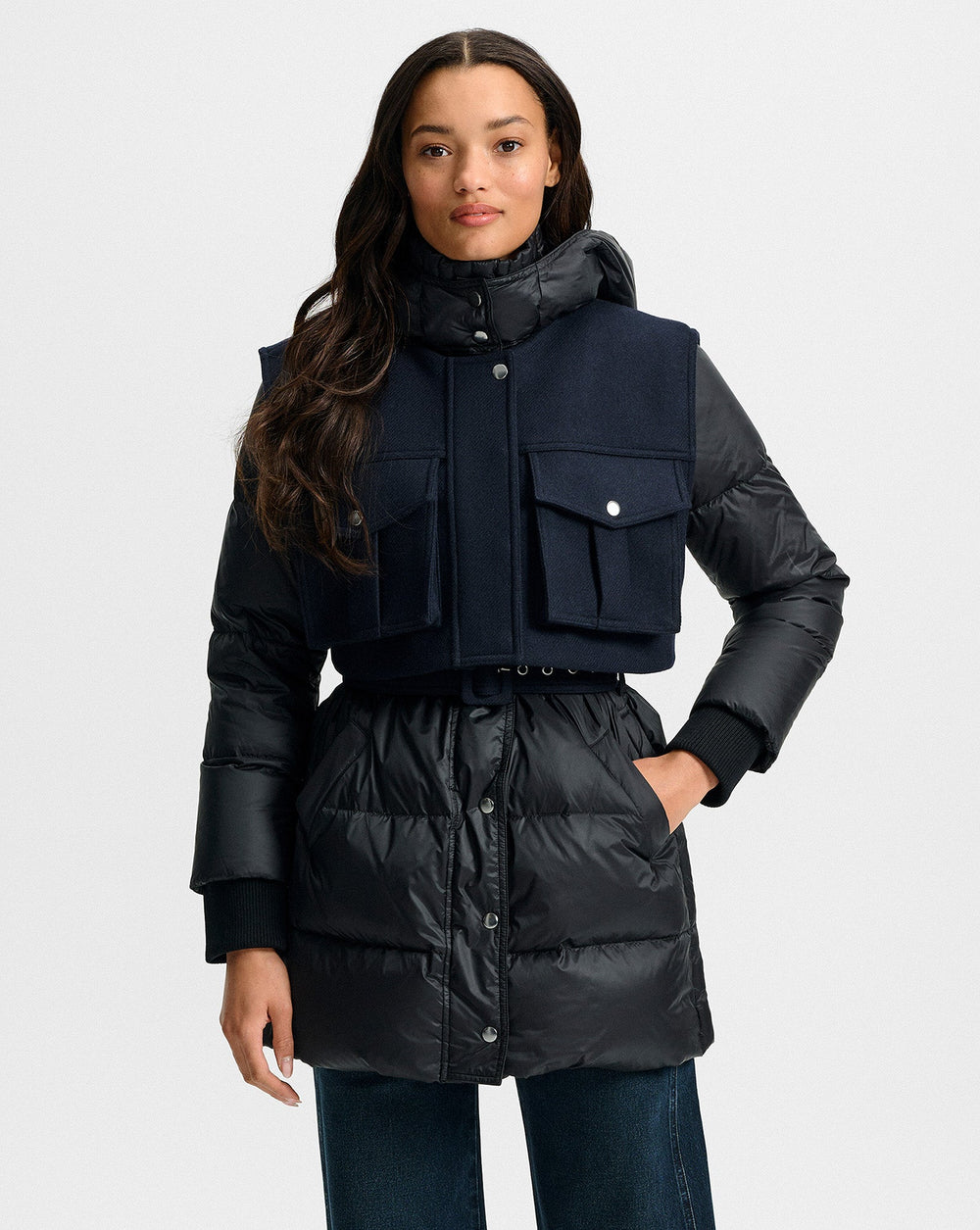 Jarvis Layered Puffer Coat in Black & Navy