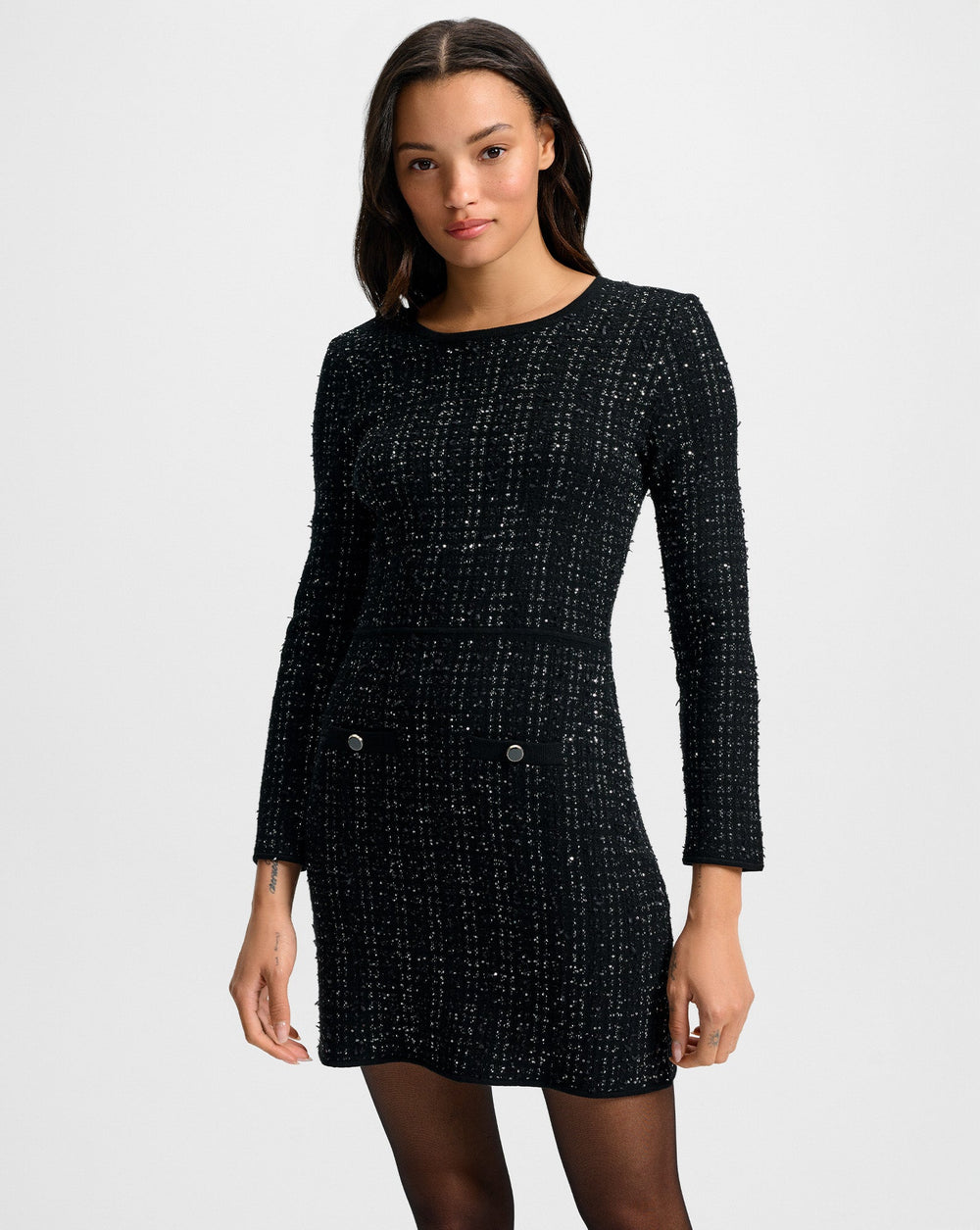 Channing Tweed Mini Dress in Black