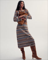 Blue & White Stripes Dark Acorn Multi Sanders Knit Maxi Dress in Brown