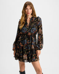 Justine Silk Mini Dress in Black Floral Multi