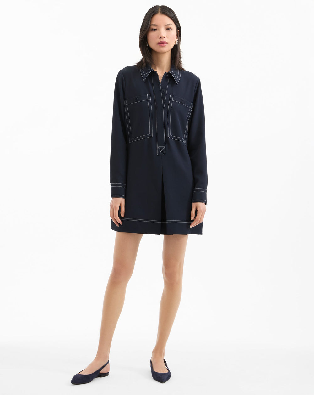 Pryce Long Sleeve Pleated Mini Dress in Navy