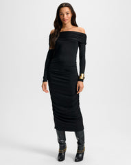Tinette Off-The-Shoulder Midi Dress in Black