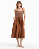 Kaela Smocked Midi Dress in Brown Whisky
