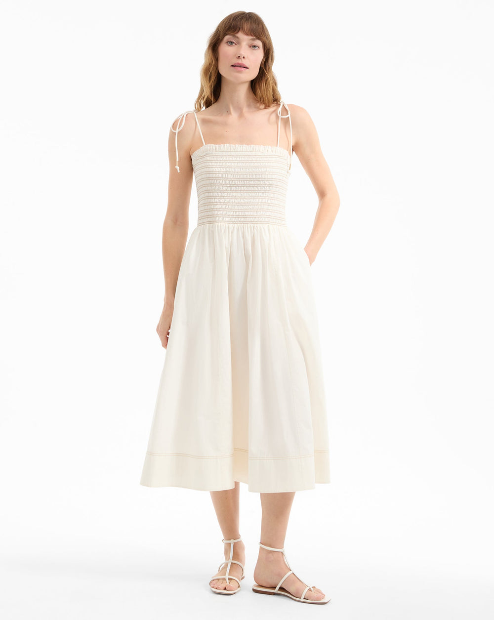 Kaela Smocked Midi Dress in Dove