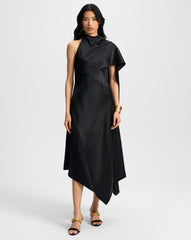 Wyndham Asymmetric Silk Midi Dress in Black