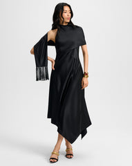 Wyndham Asymmetric Silk Midi Dress in Black