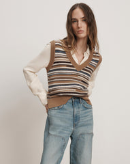 Blue & White Stripes Dark Acorn Multi Helenka Wool Sweater Vest in Brown