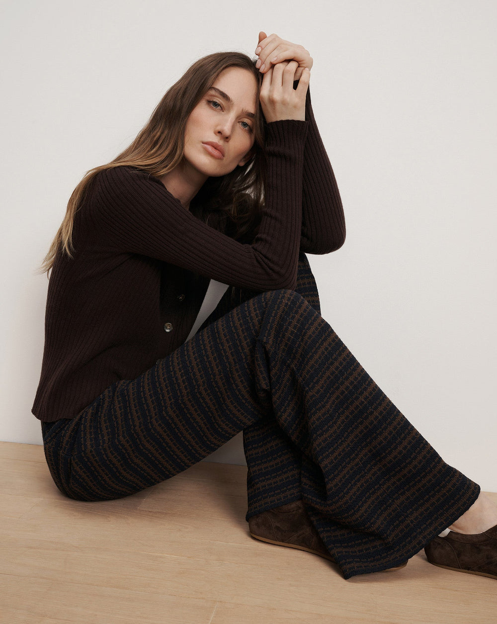 Yadira Kick-Flare Pant in Navy & Brown Stripes Navy/Dark Umber Multi