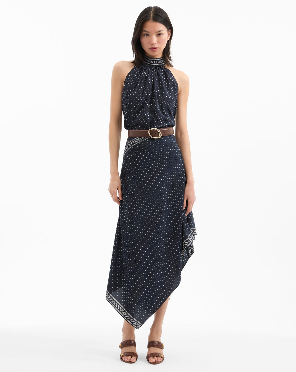 Hartley Asymmetrical Skirt in Navy Polka Dots