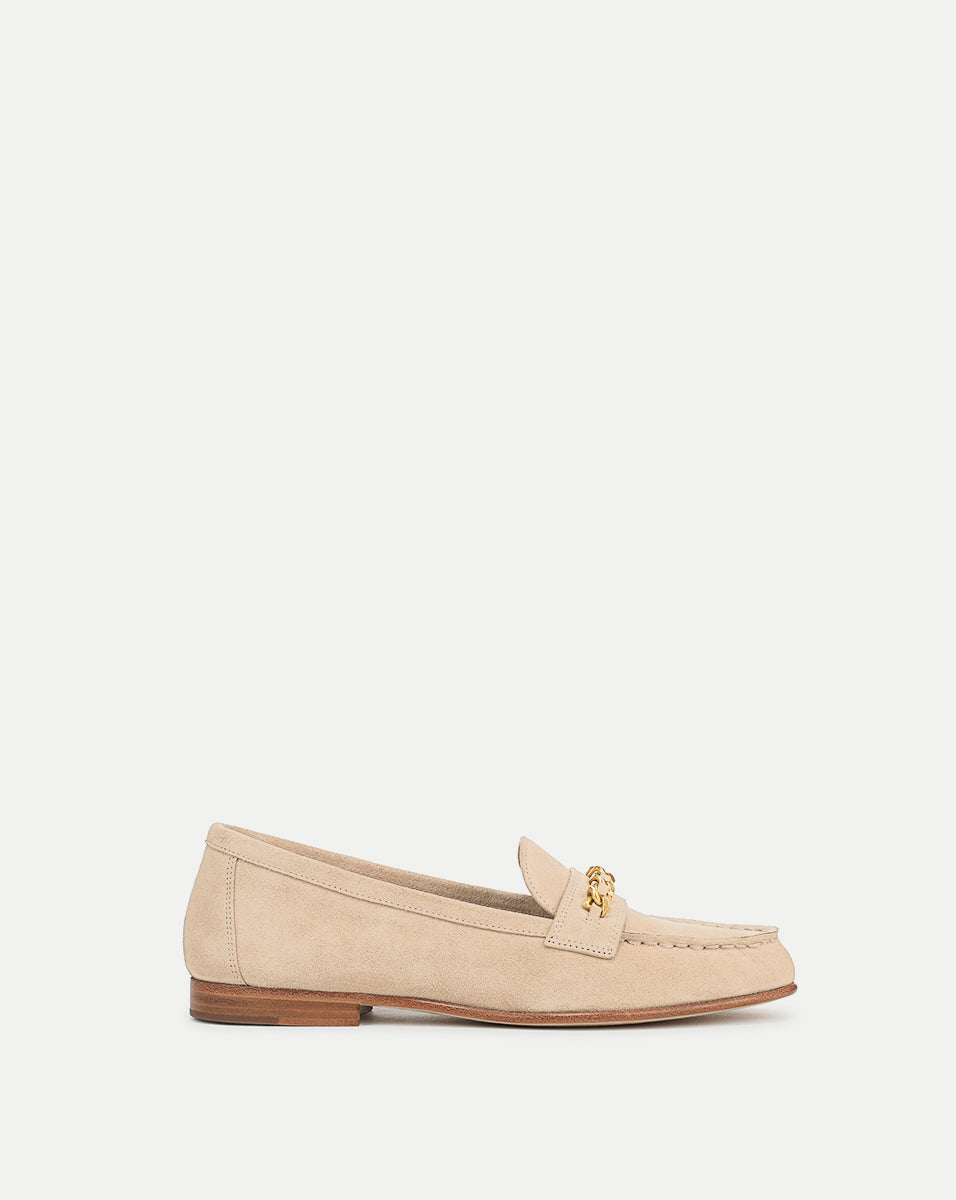 Penny Suede Chain-Link Loafer in Sand Beige