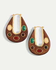 Wood Embellished Drop Hoop in Brown Multi