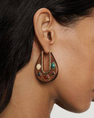 Wood Embellished Drop Hoop in Brown Multi