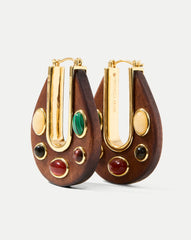 Wood Embellished Drop Hoop in Brown Multi