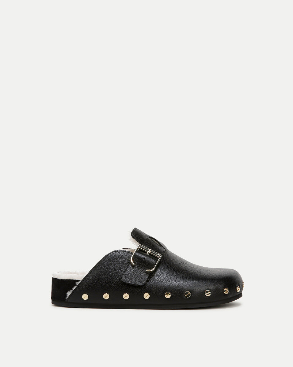 Fern Shearling Clog in Black Leather
