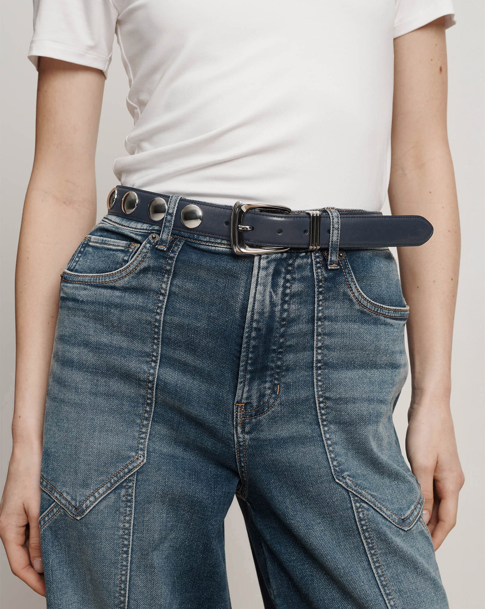 Arch Silver Studded Leather Belt in Navy