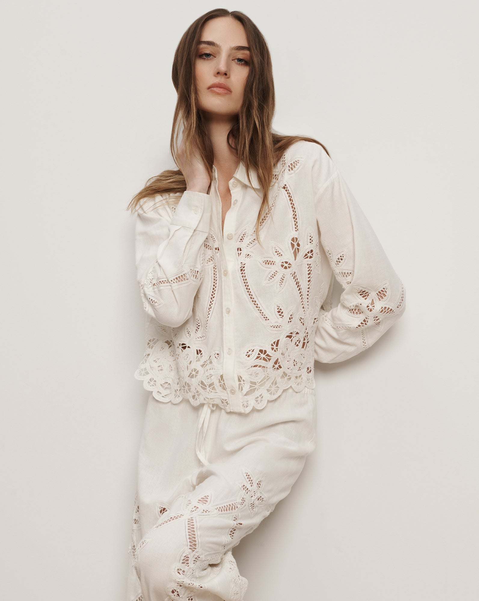 Aderes Eyelet Button-Down Shirt in Off- White Dove