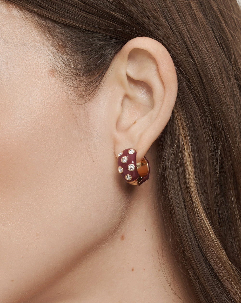 Crystal and Enamel Huggie Hoop in Burgundy