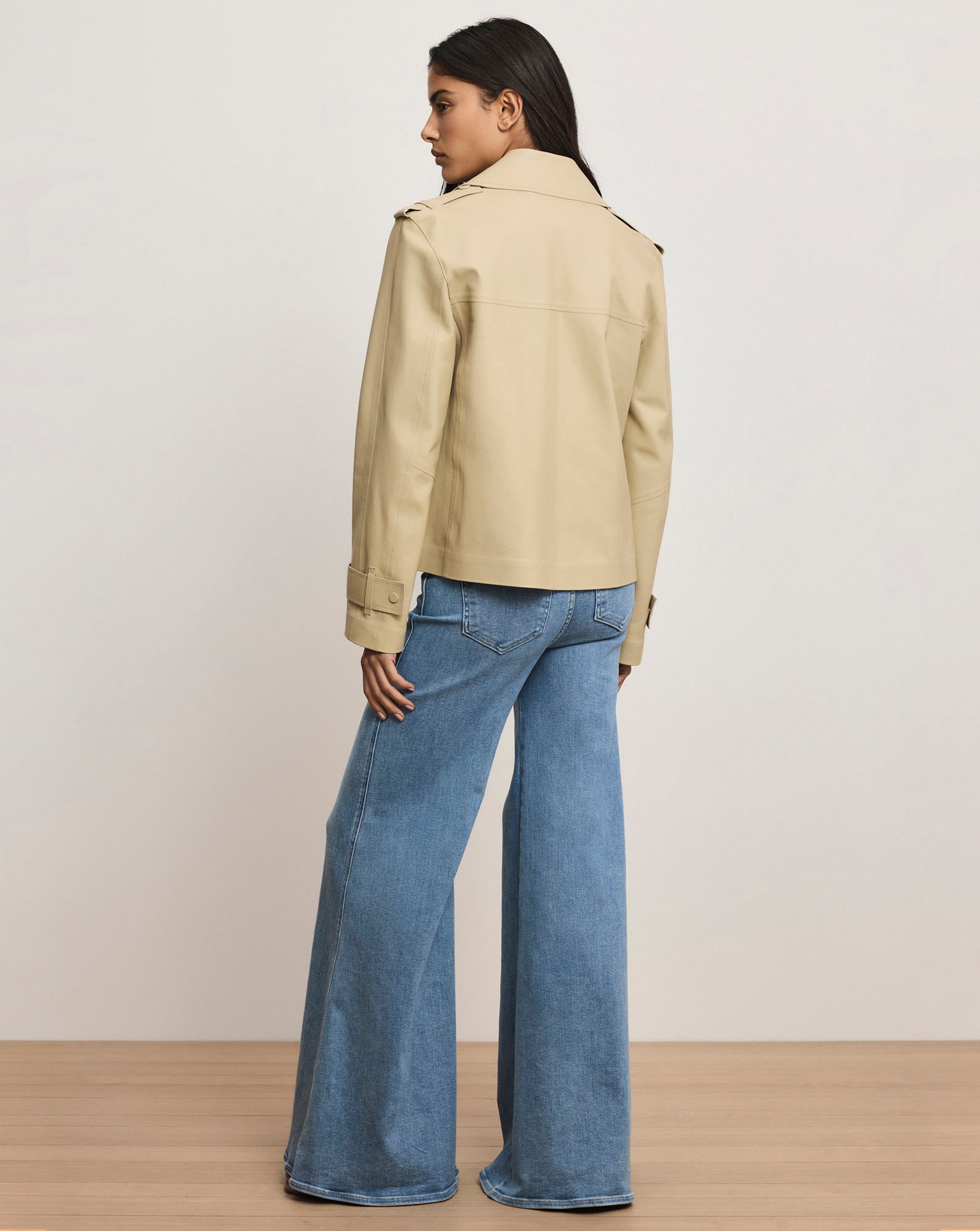 Heathcliff Cropped Leather Trench Coat in Stone Khaki