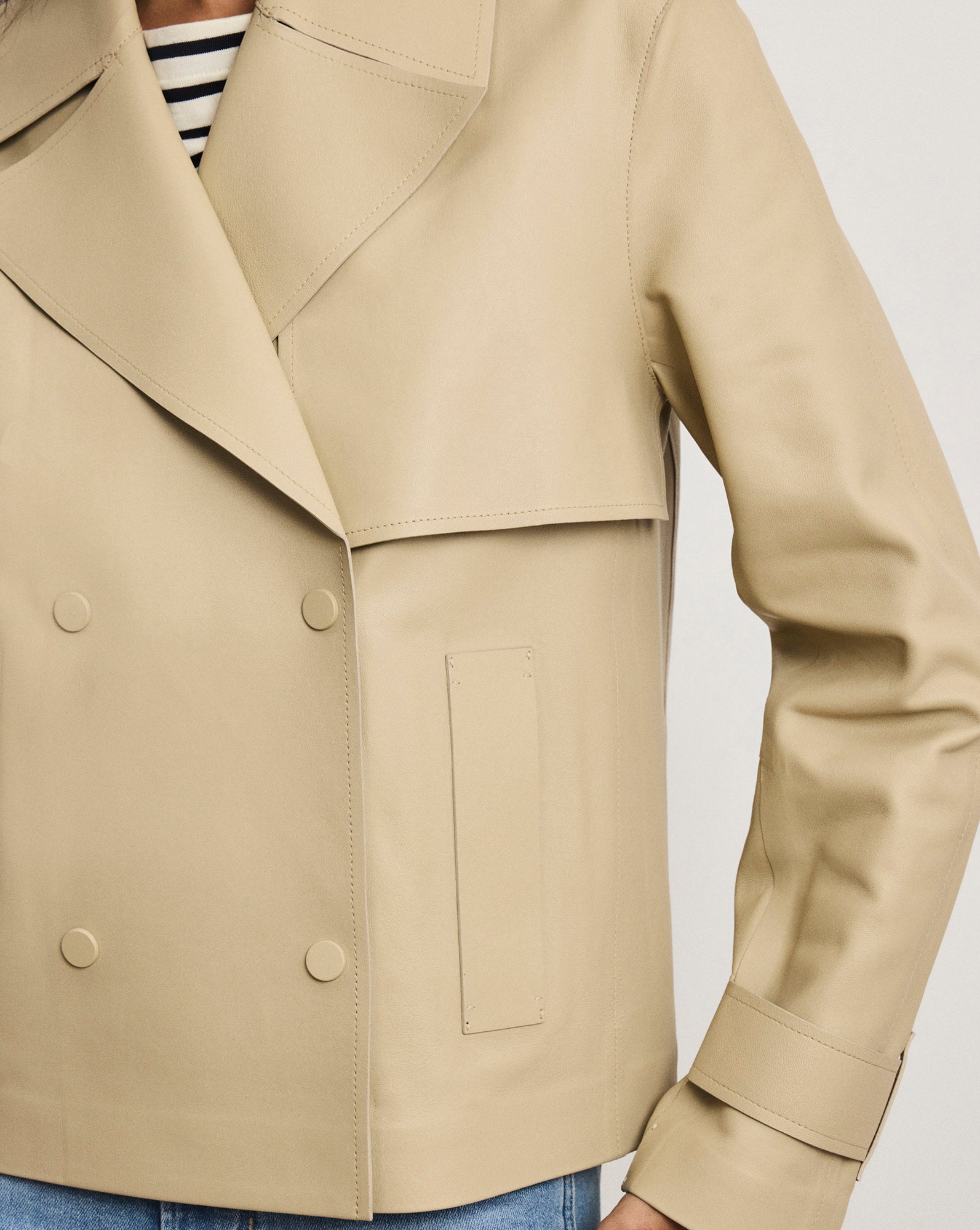 Heathcliff Cropped Leather Trench Coat in Stone Khaki