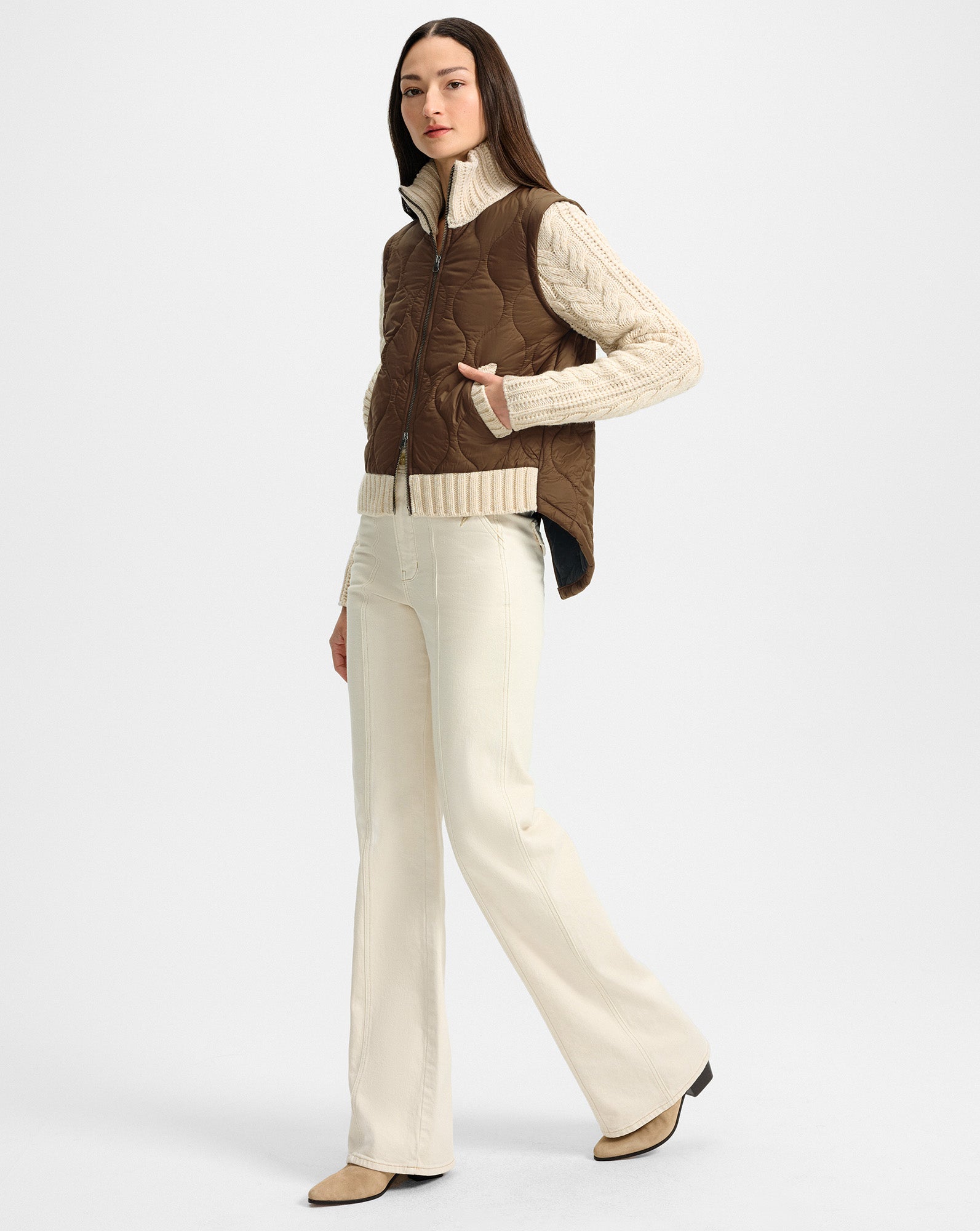 Patra Knit-Sleeve Quilted Jacket in Mocha/Heathered Sand Brown & Cream