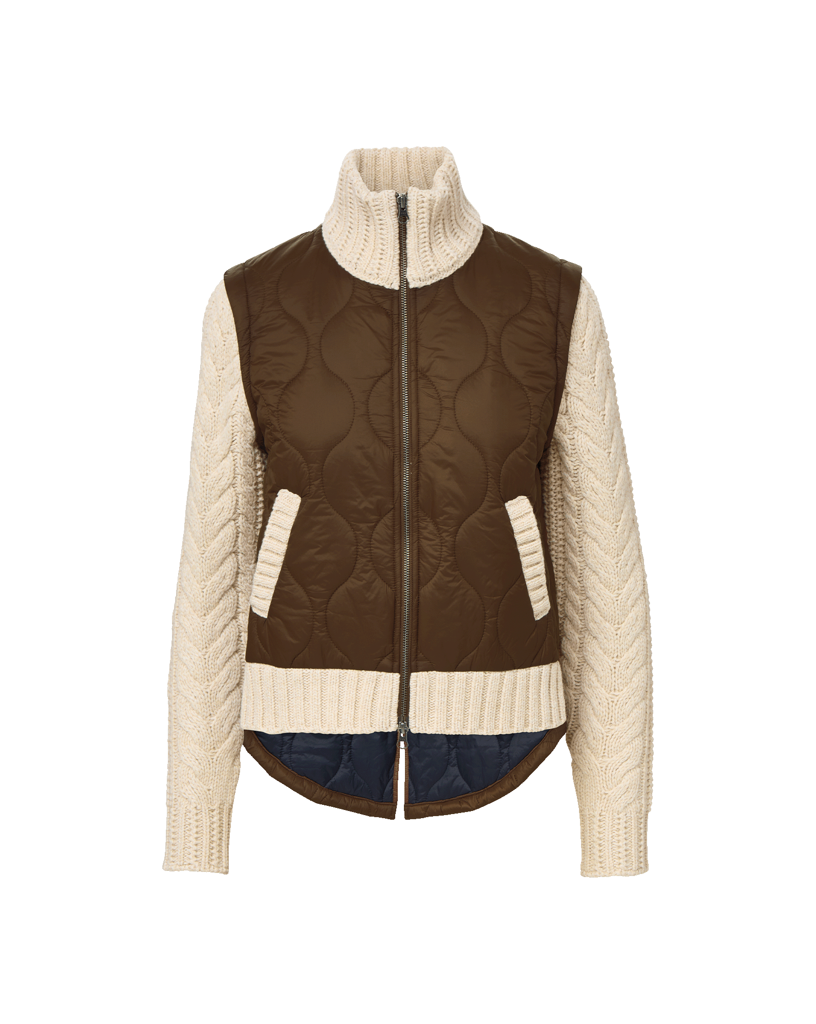 Patra Knit-Sleeve Quilted Jacket in Mocha/Heathered Sand Brown & Cream