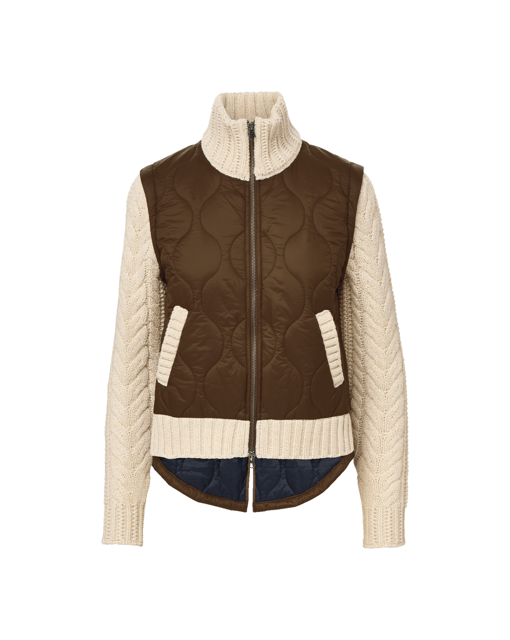 Patra Knit-Sleeve Quilted Jacket in Mocha/Heathered Sand Brown & Cream