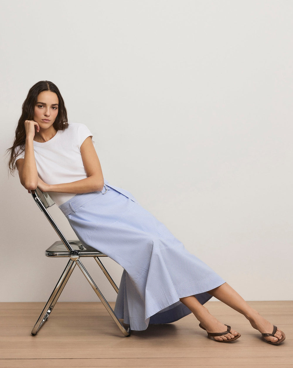 Belmar Mixed-Media Midi Dress in Blue/White Stripe