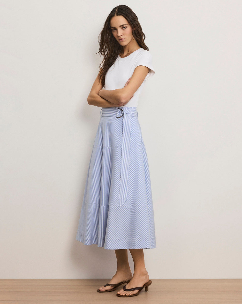 Belmar Mixed-Media Midi Dress in Blue/White Stripe