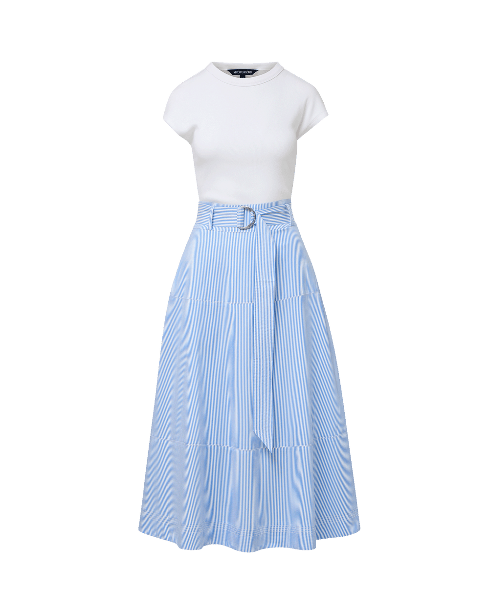 Belmar Mixed-Media Midi Dress in Blue/White Stripe