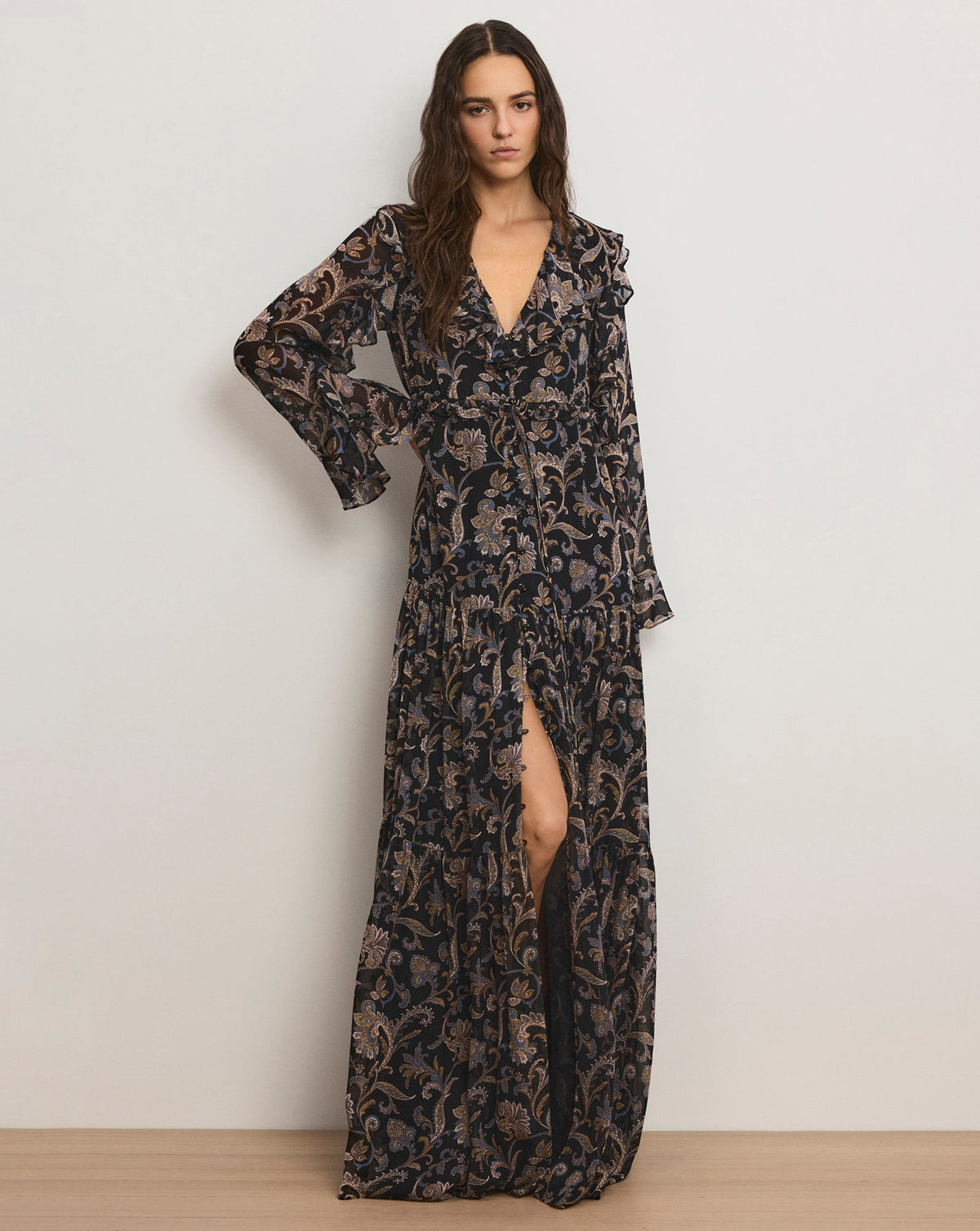 Akara Silk Maxi Dress in Black Multi
