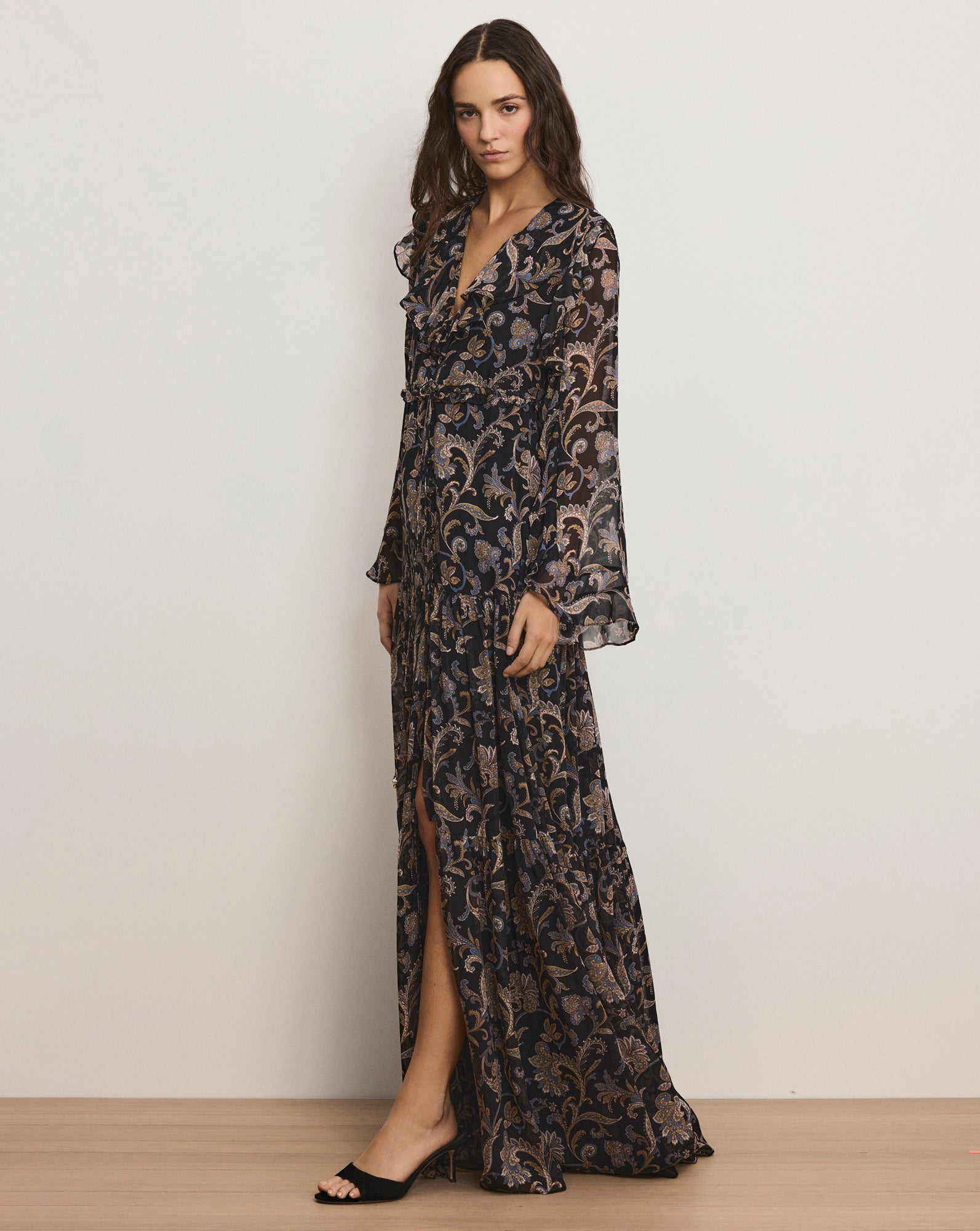 Akara Silk Maxi Dress in Black Multi
