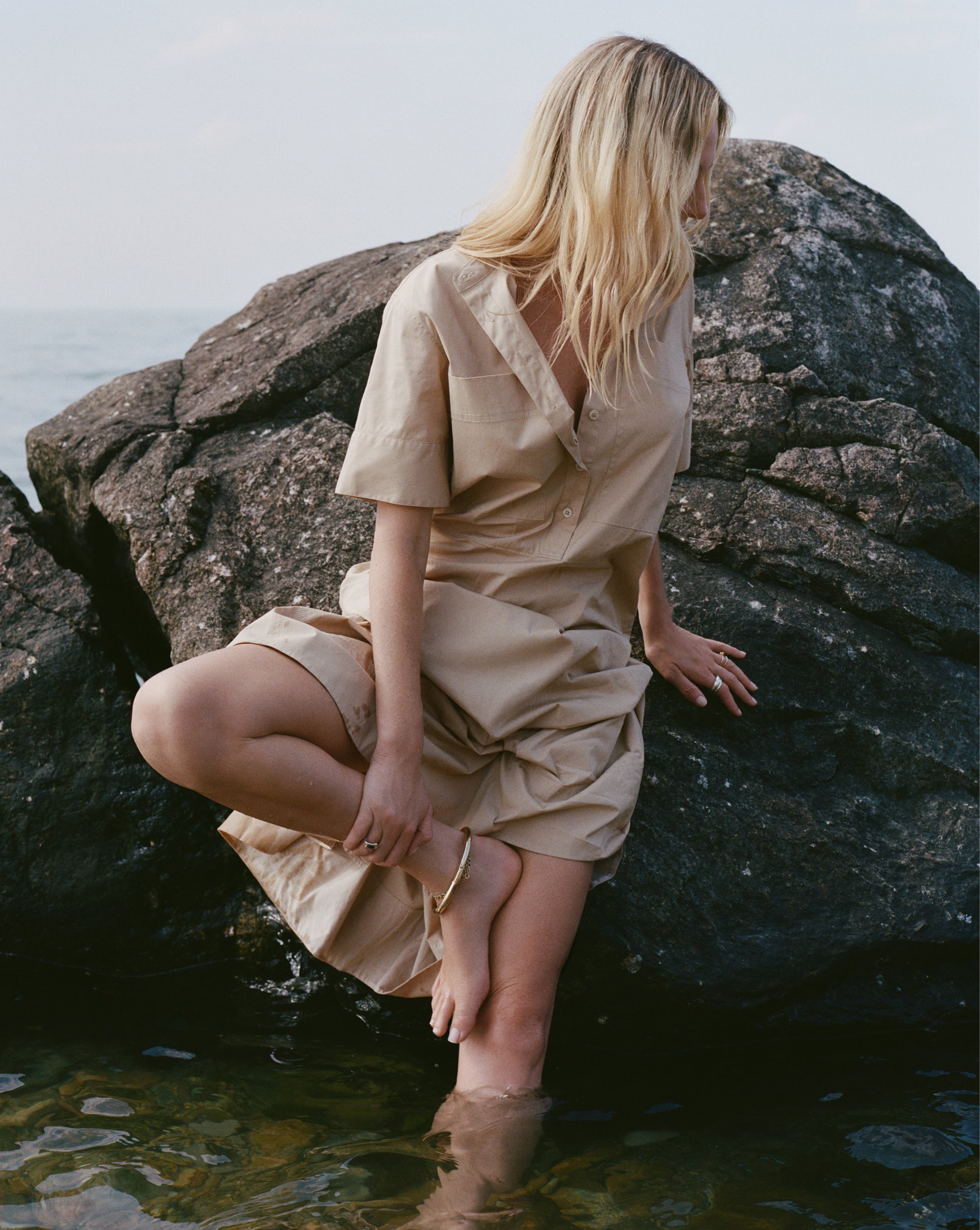 Cam Drop Waist Midi Dress in Stone Khaki