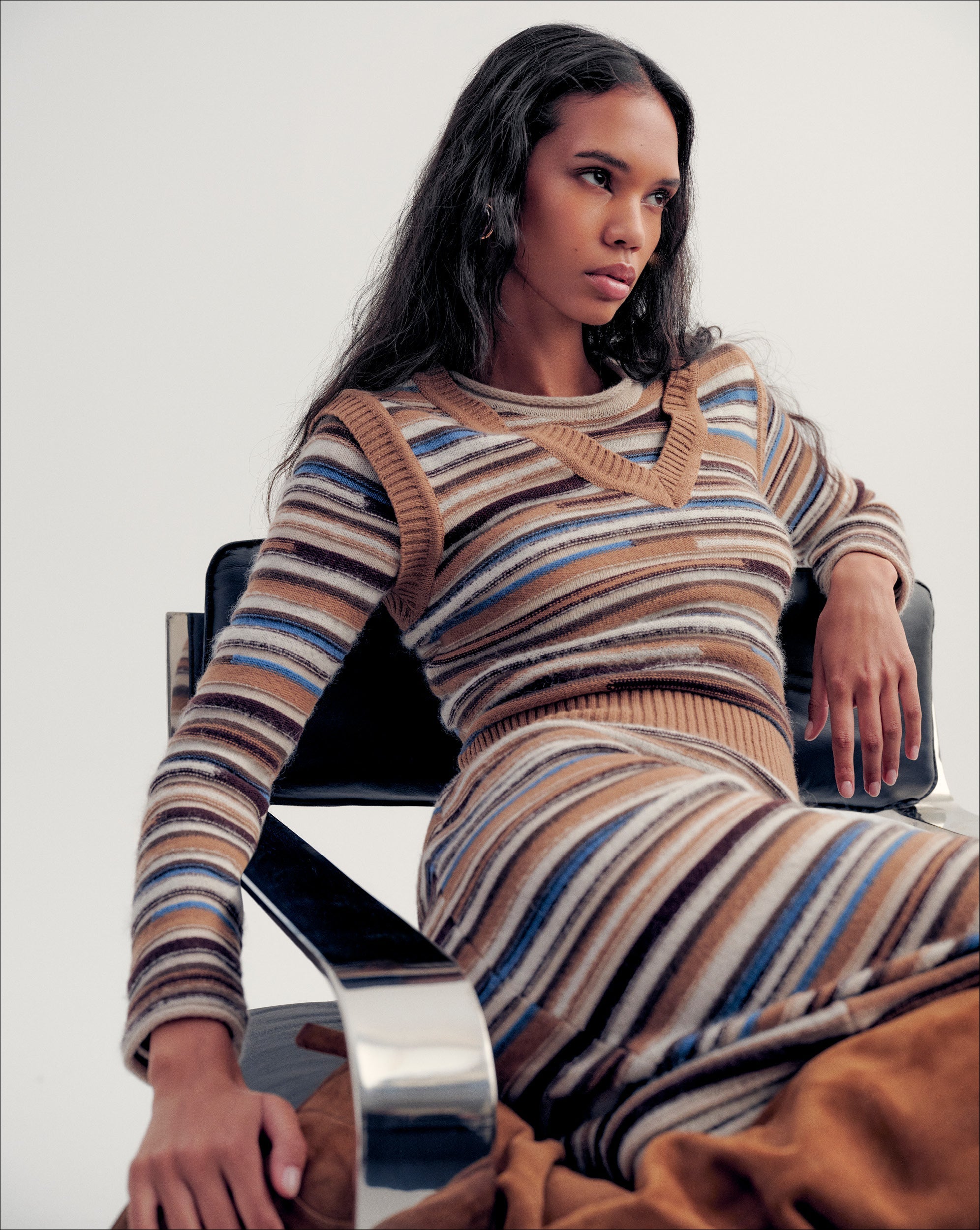 Blue & White Stripes Dark Acorn Multi Helenka Wool Sweater Vest in Brown