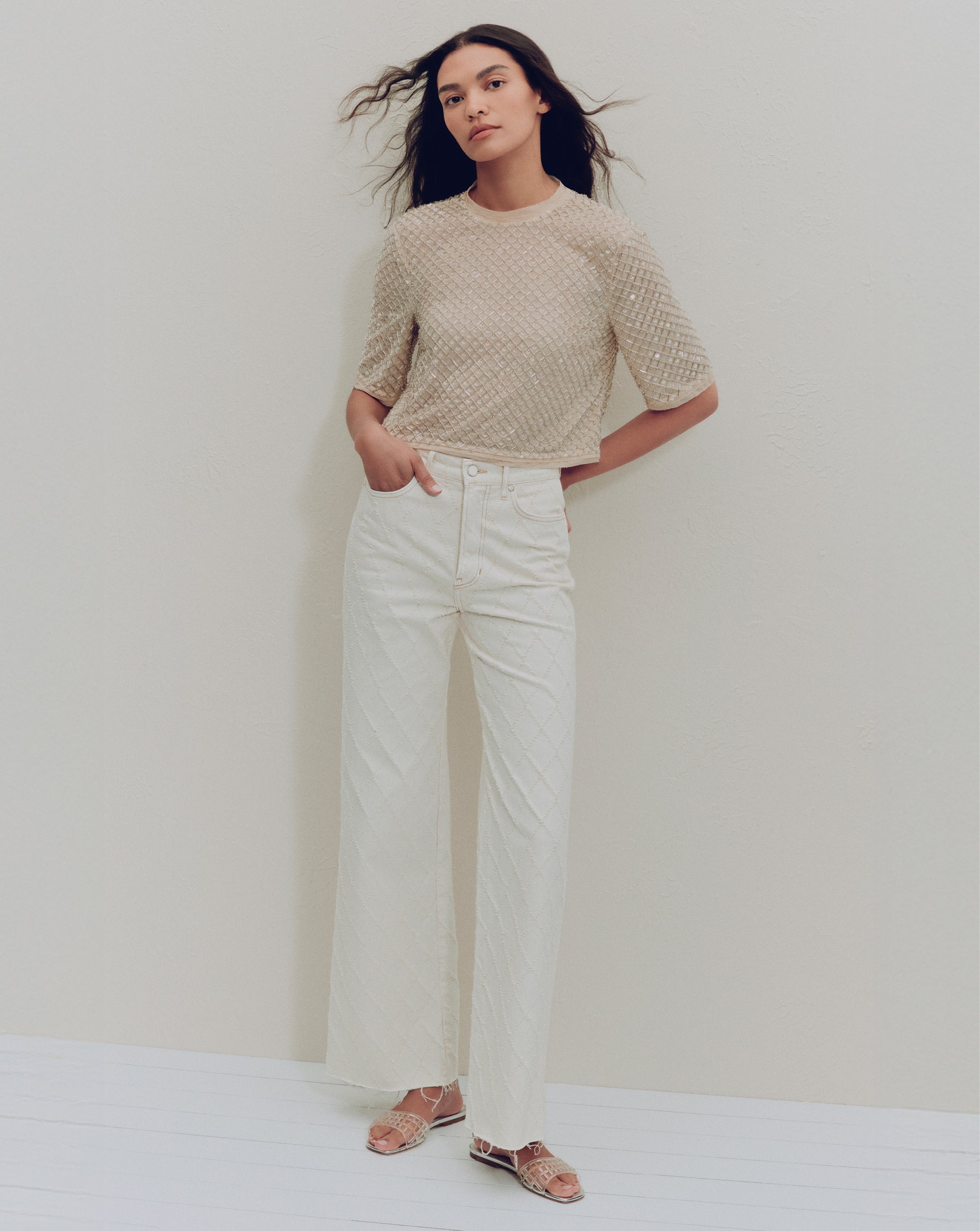 Novalie Beaded Top in Stone Khaki