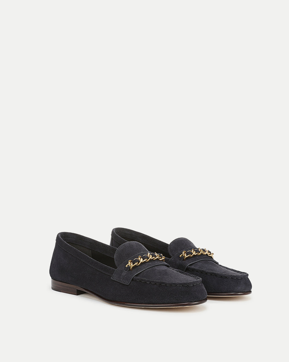 Penny Suede Chain-Link Loafer in Navy