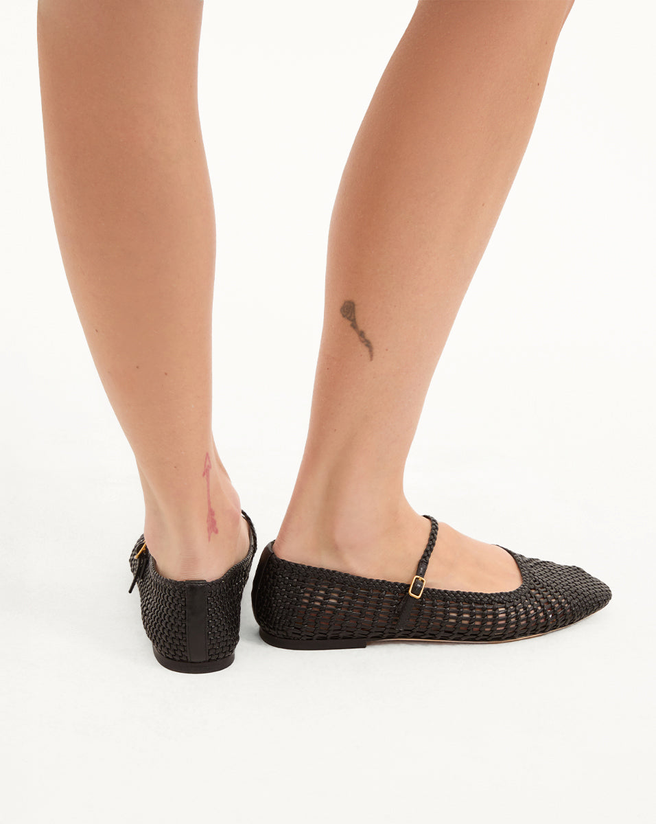 Ellie Woven-Leather Flat in Black