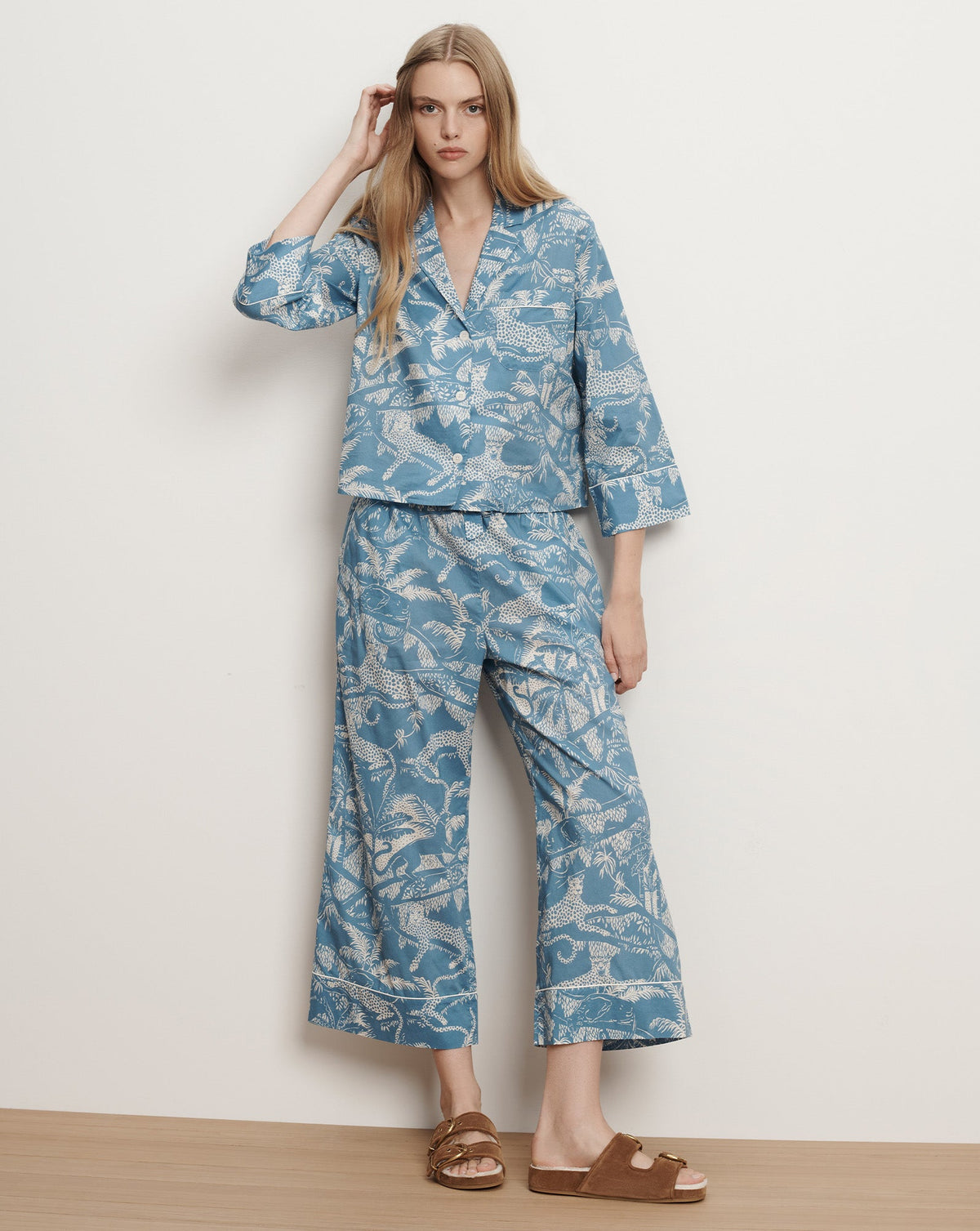 Long-Sleeve Cotton Pajama Set in Jasper Blue