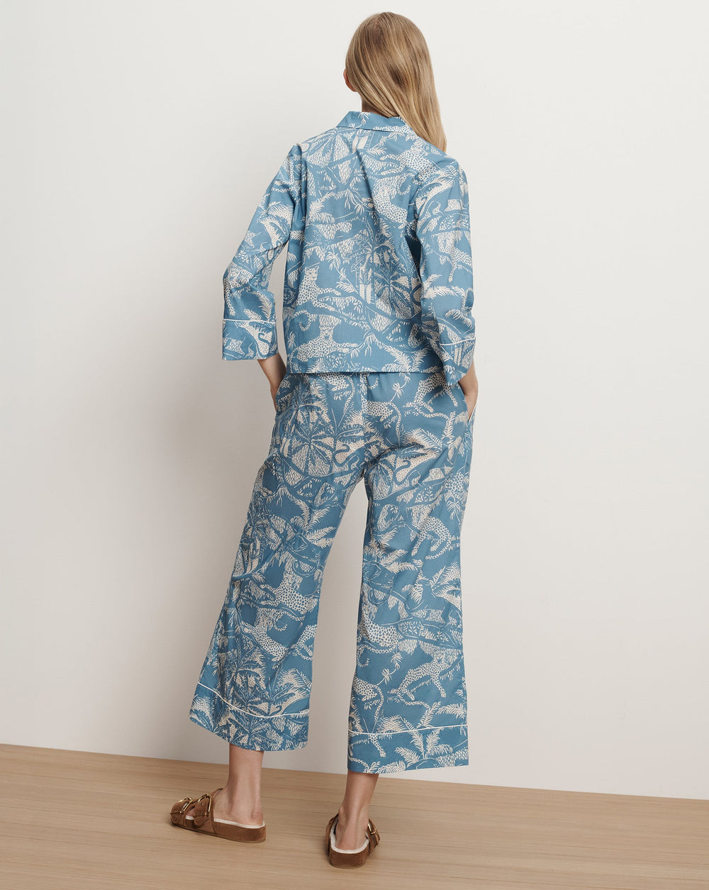 Long-Sleeve Cotton Pajama Set in Jasper Blue